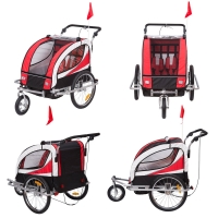 Remolque para Bicicleta tipo Carro con Barra de Paseo para Niños de 2 Plazas con Rueda Delantera Giratoria 360° y Asiento Acolchado Carga Máx. 40kg (Rojo)