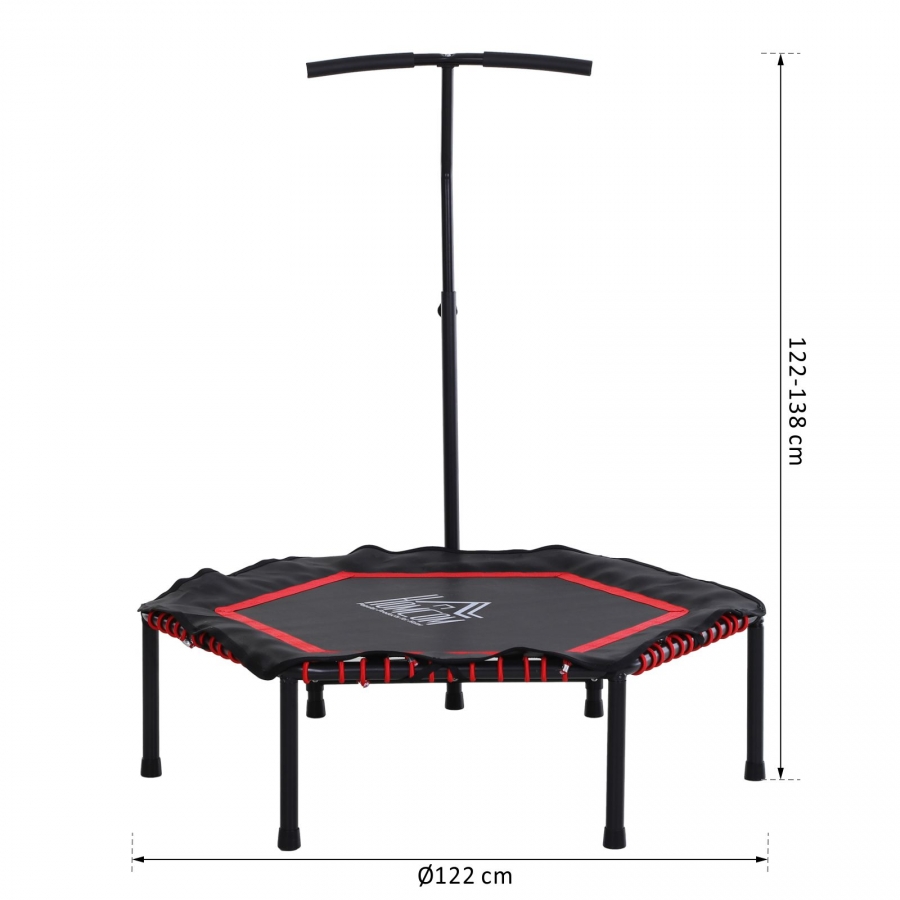 Trampolín Profesional Fitness Hexagonal Power Jump 122/130/138cm Manillar Regulable 3 Niveles Altura Rojo