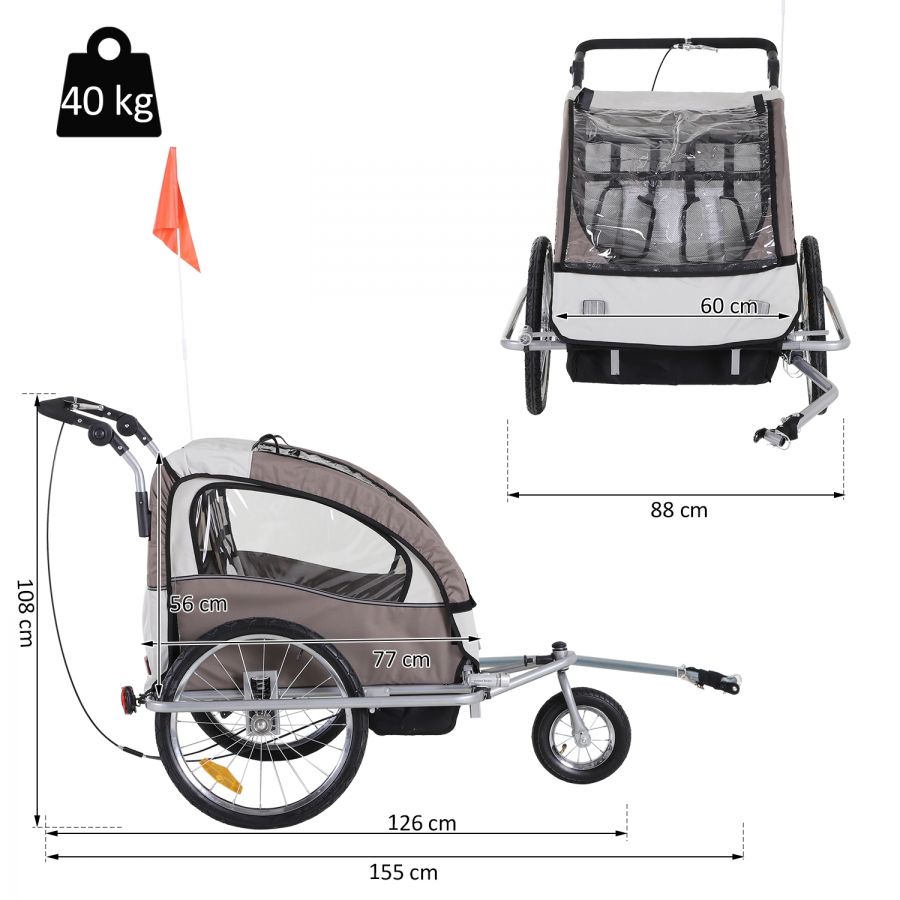 Remolque Infantil para Bicicleta 2 PLAZAS Rueda Giratoria 360° Amortiguadores BARRA INCLUIDA Kit Footing BEIGE