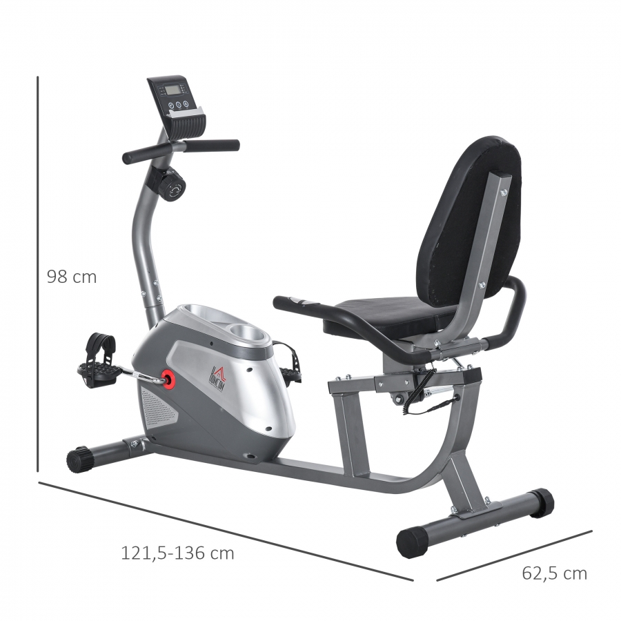 Bicicleta Estática Reclinada con Pantalla LCD y Volante de Inercia de 3 kg Resistencia Magnética de 8 Niveles Asiento Ajustable 121,5-136x62,5x98 cm Gris